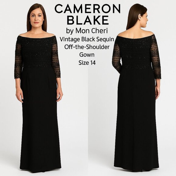 Black Beaded Lace Gown Mother of the Bride Cameron Blake Mon Cheri Size 14 - Picture 1 of 9